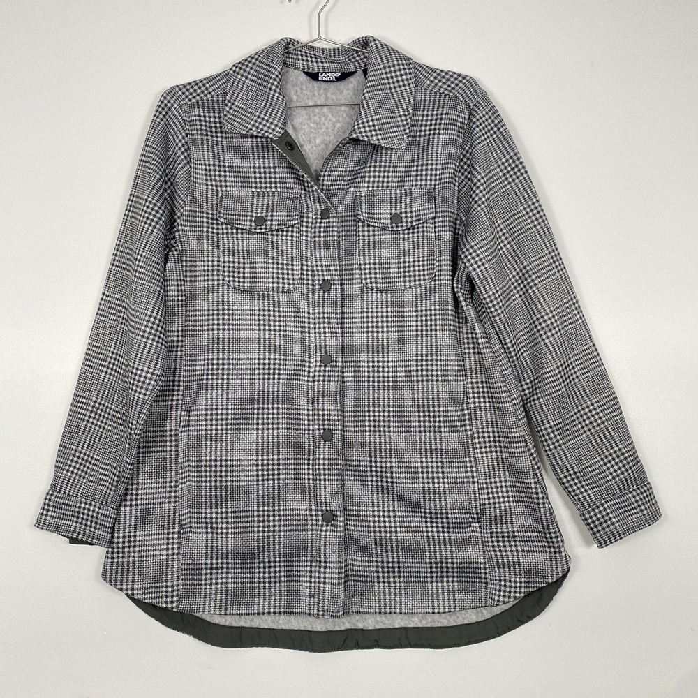 Lands' End Shirt Jacket Womens Large 14-16 Gray Houndstooth Snap Pockets Lined